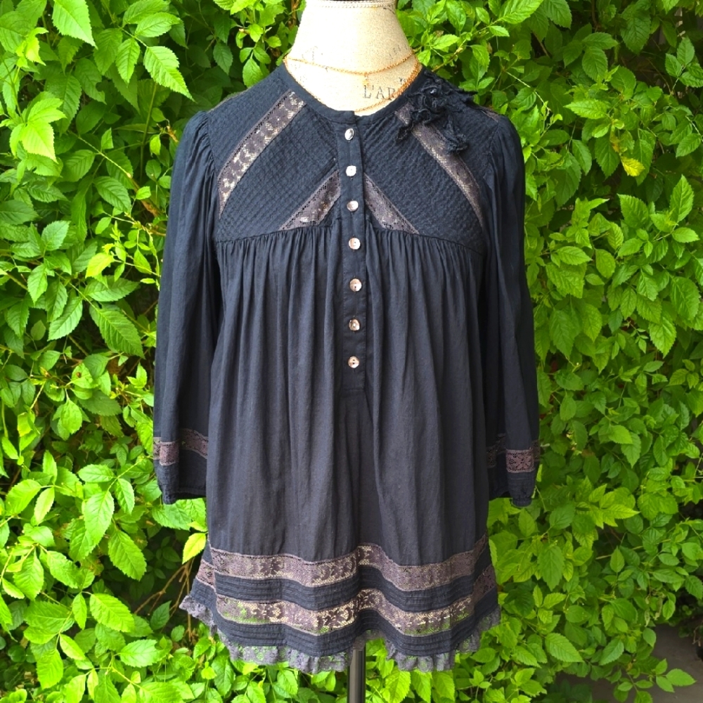 Free People Blue Tan Pleated 3/4 Sleeve Blouse